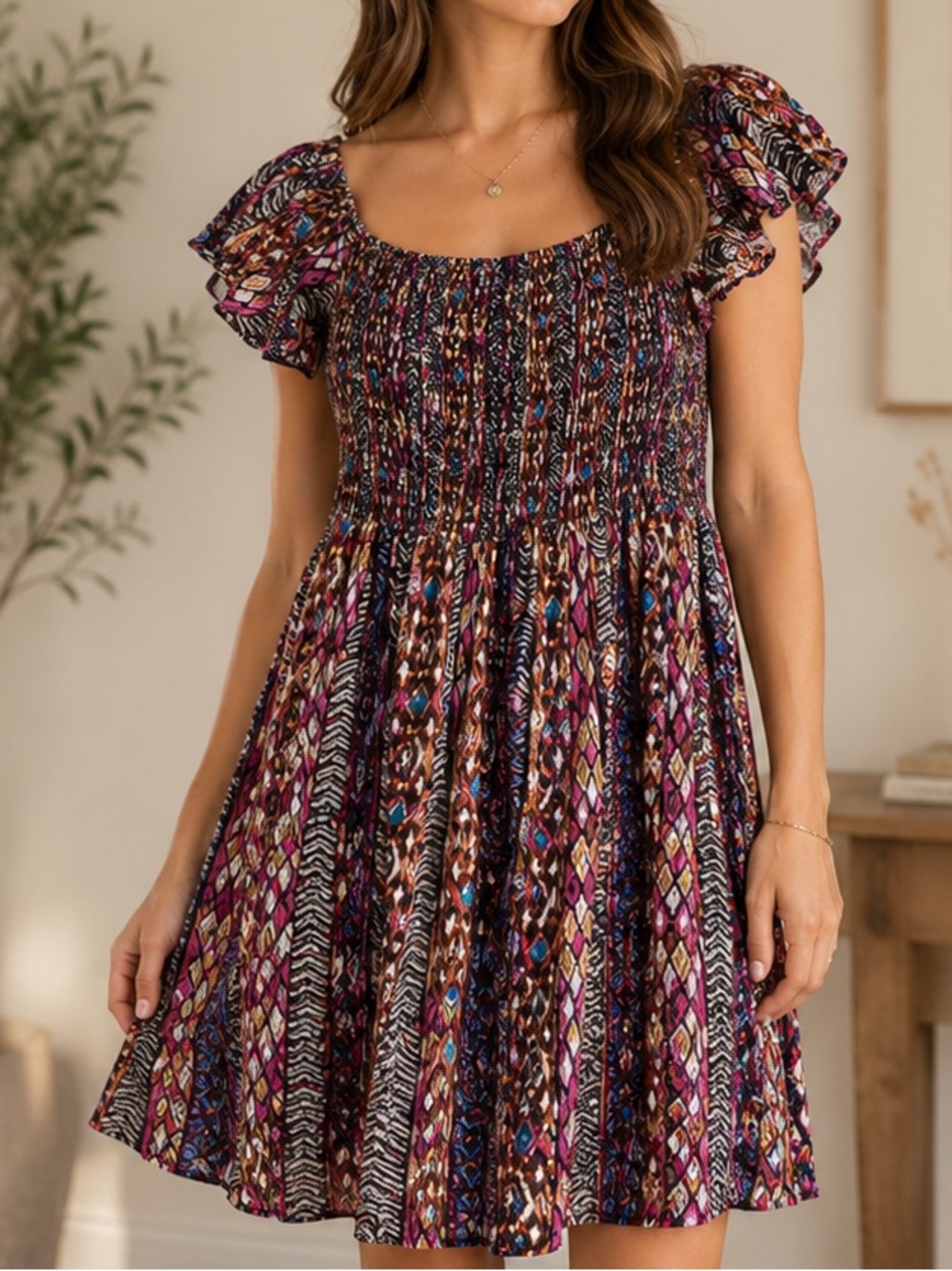 Multicolor Off the Shoulder Aztec Smocked Dress